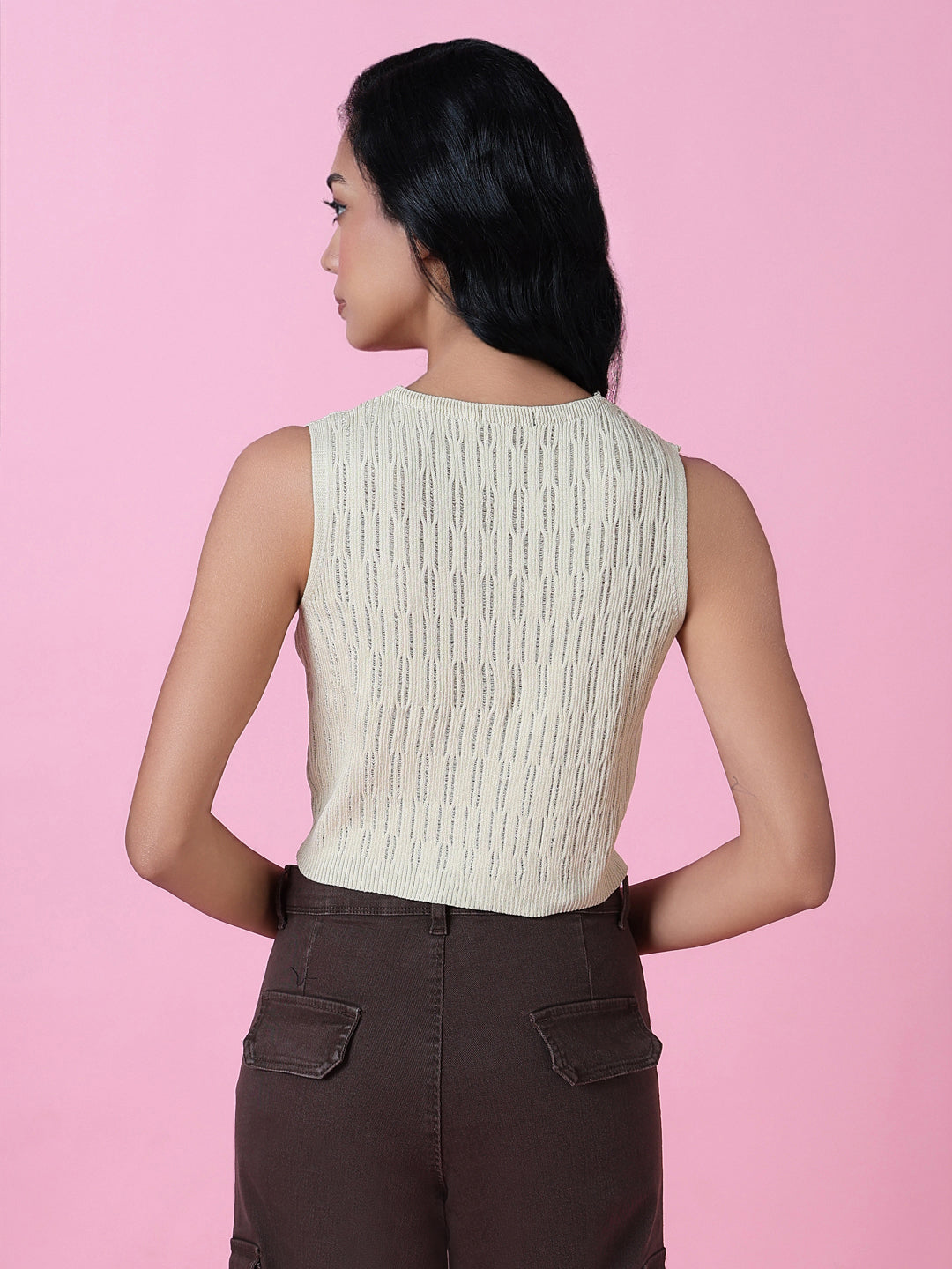 Women Beige Solid Crochet Crop Top