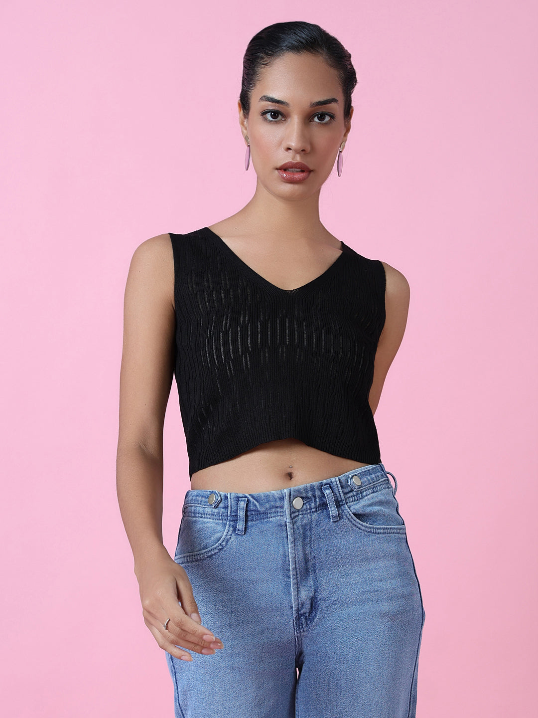 Women Black Solid Crochet Crop Top