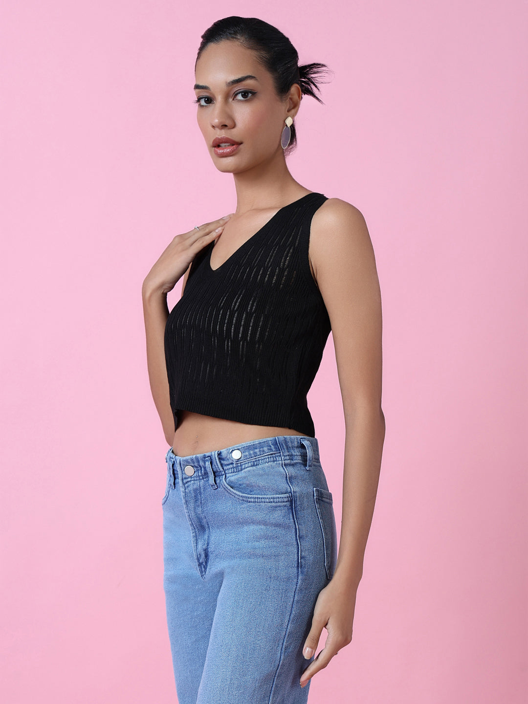 Women Black Solid Crochet Crop Top