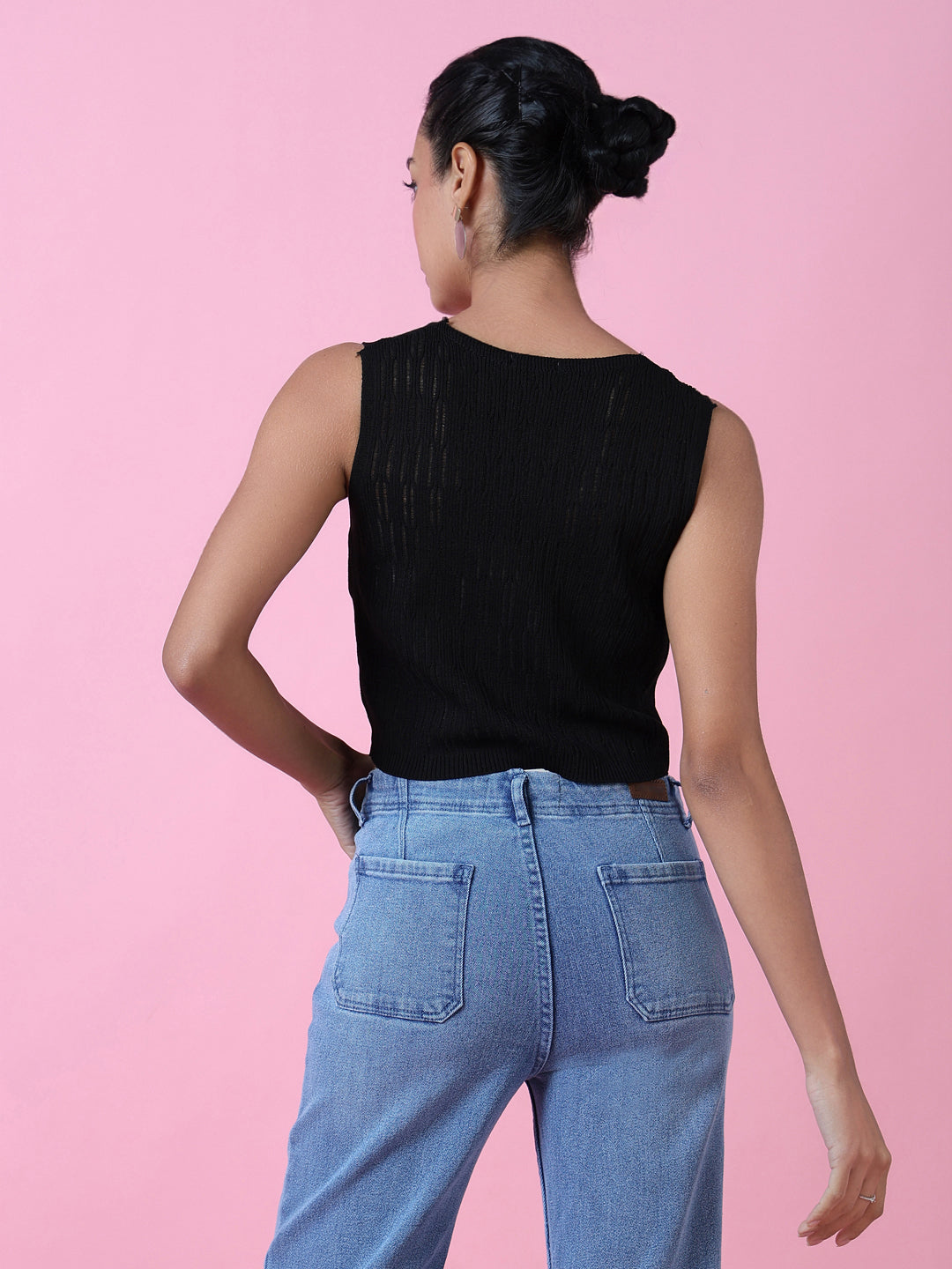 Women Black Solid Crochet Crop Top