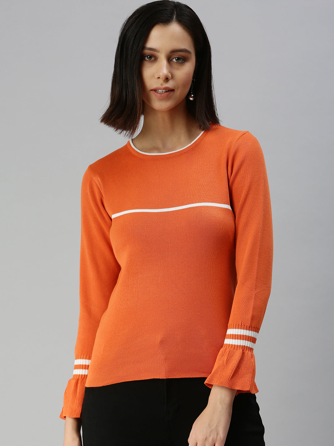 Women Solid Orange Fitted Top