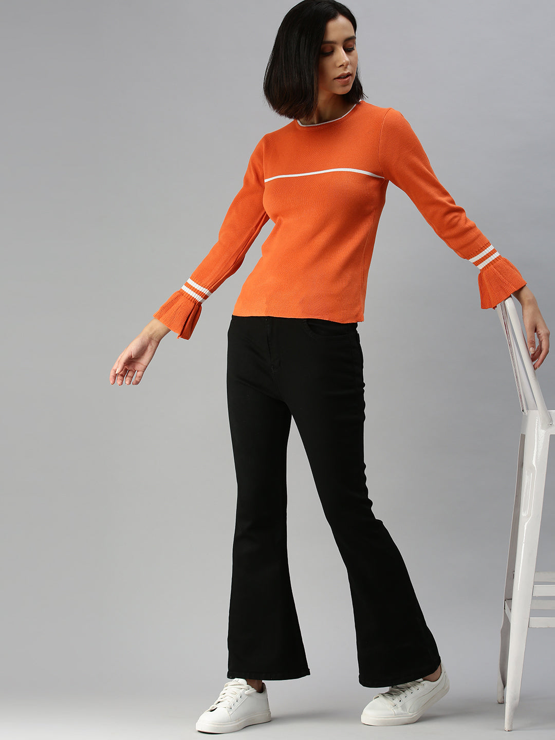 Women Solid Orange Fitted Top