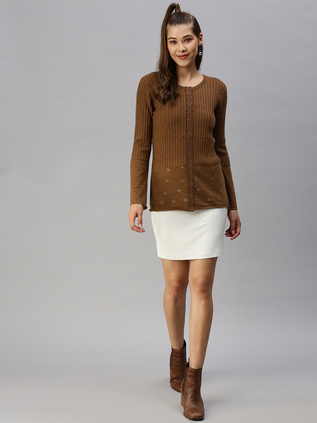 Women Solid Camel Brown Fitted Top