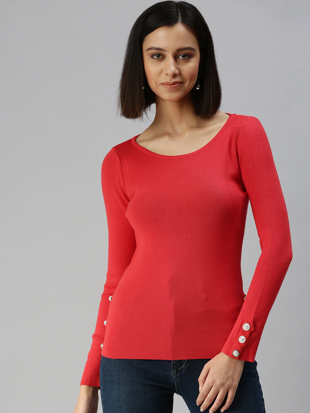 Women Boat Neck Solid Red Fitted Top