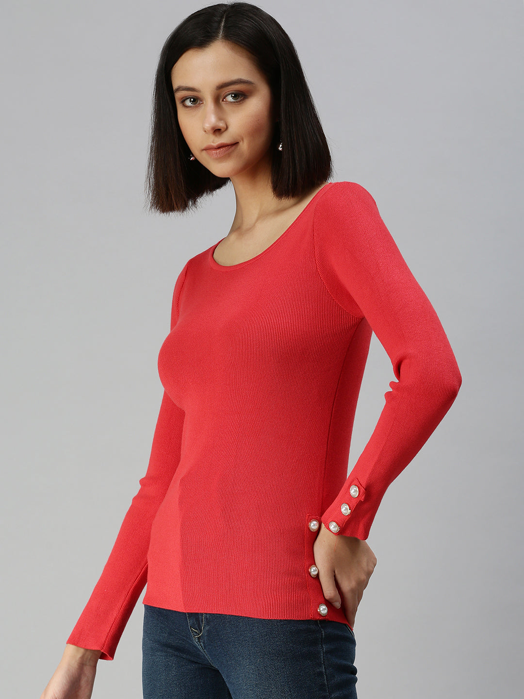 Women Boat Neck Solid Red Fitted Top