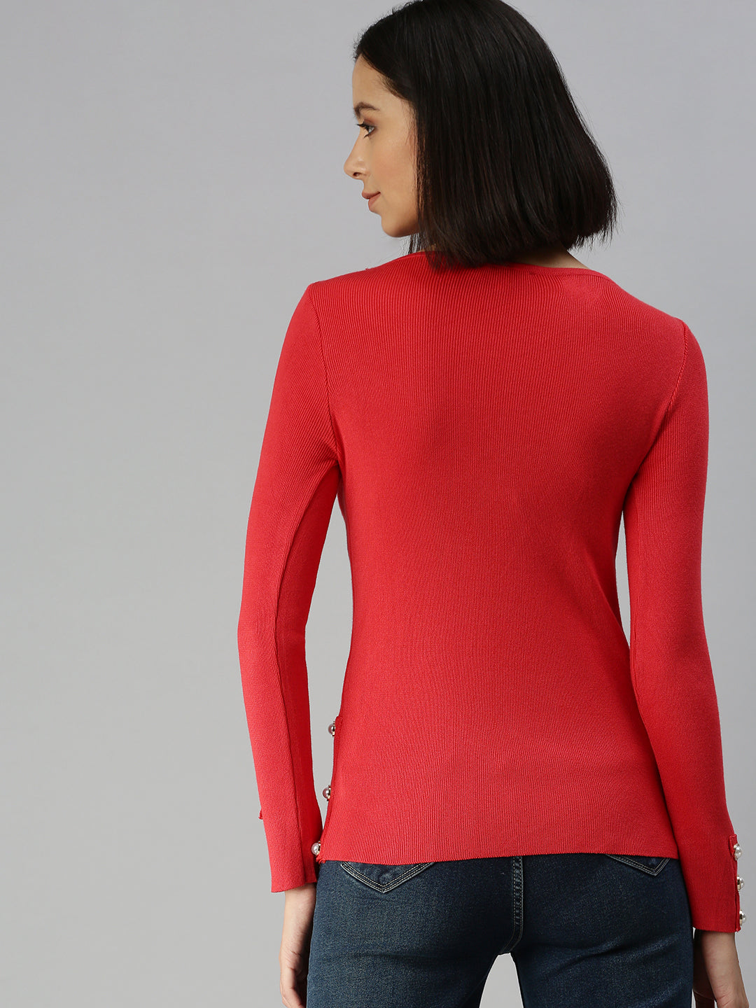 Women Boat Neck Solid Red Fitted Top