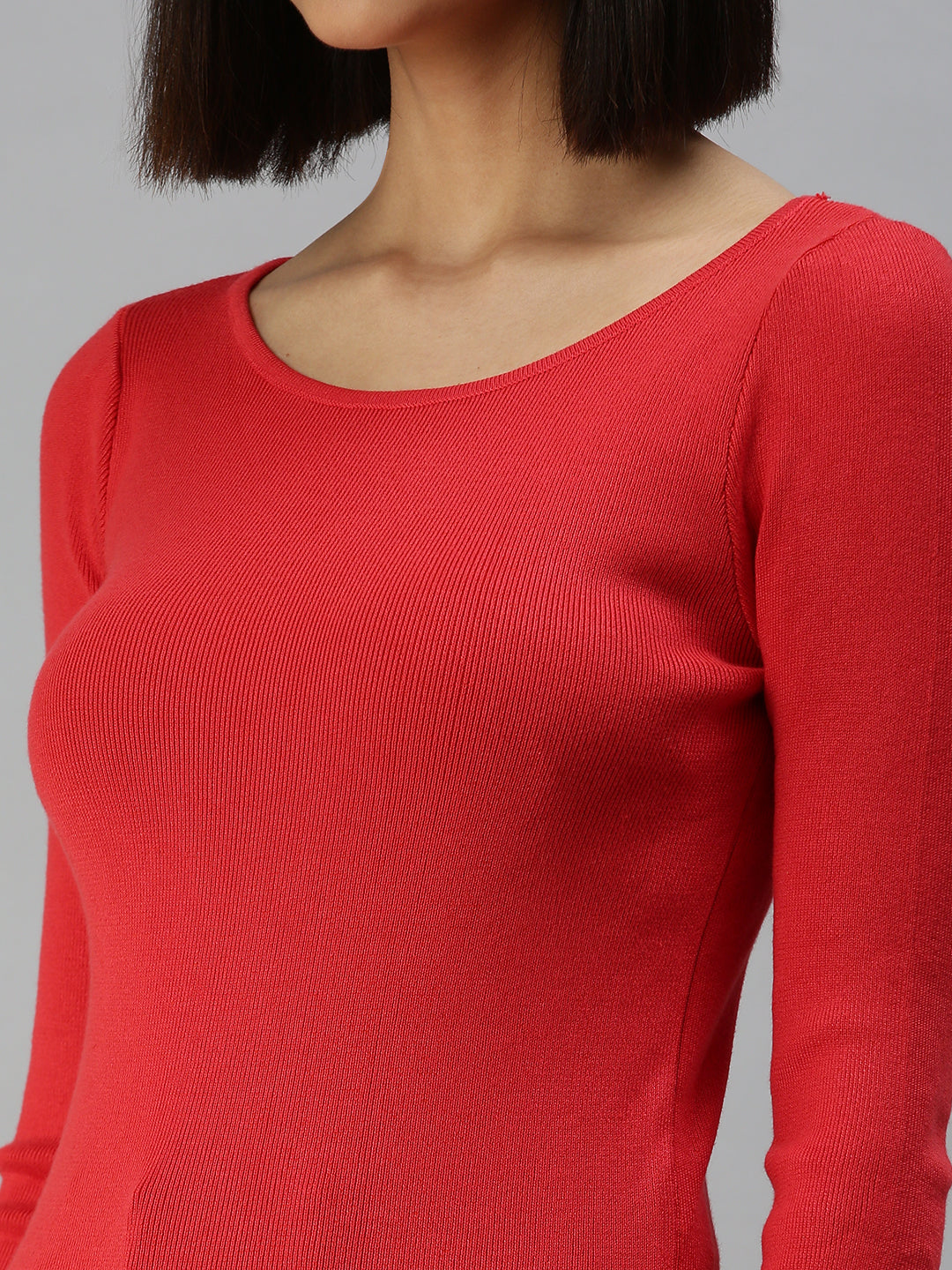 Women Boat Neck Solid Red Fitted Top