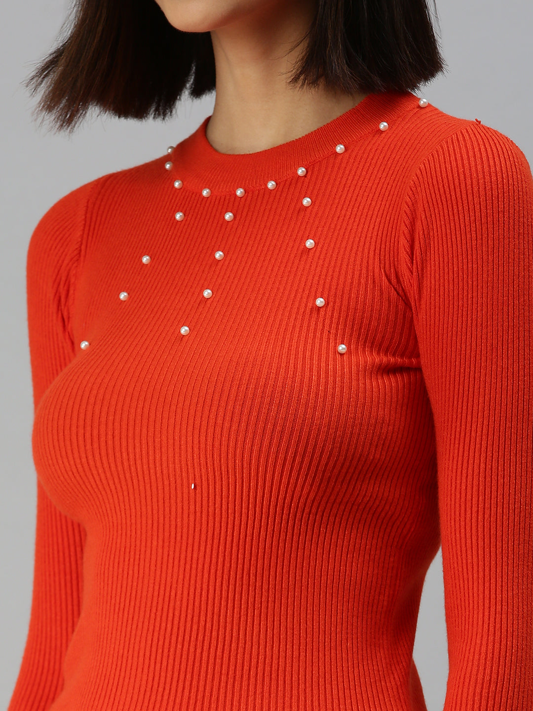 Women High Neck Solid Orange Fitted Top