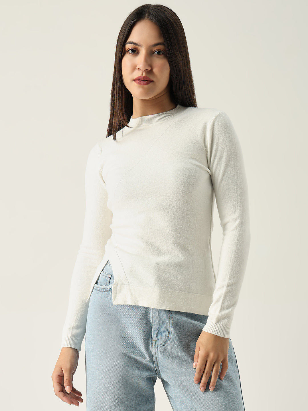 Women Solid White Fitted Top