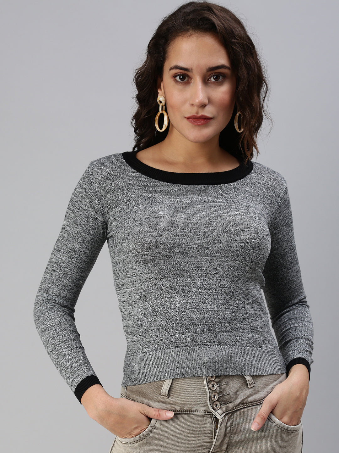 Women High Neck Solid Grey Fitted Top