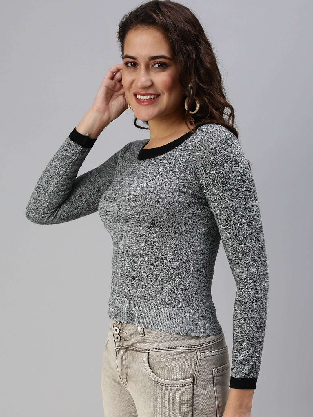 Women High Neck Solid Grey Fitted Top