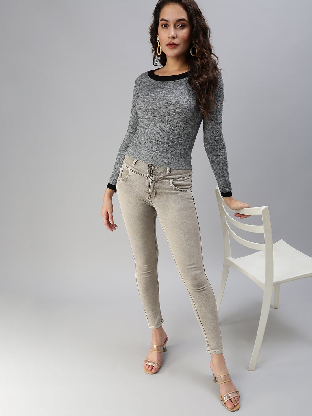 Women High Neck Solid Grey Fitted Top