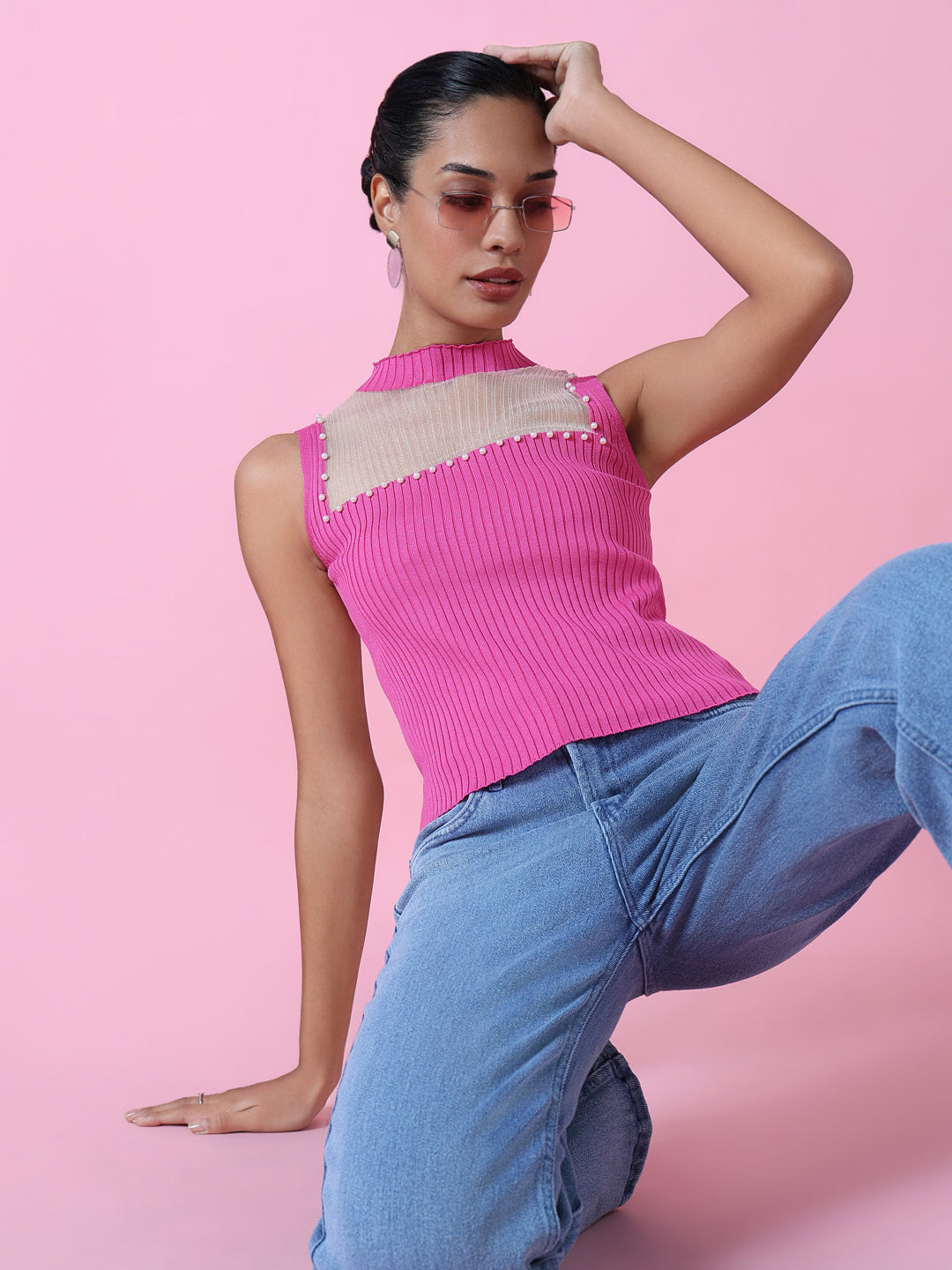 Women Pink Solid Fitted Top