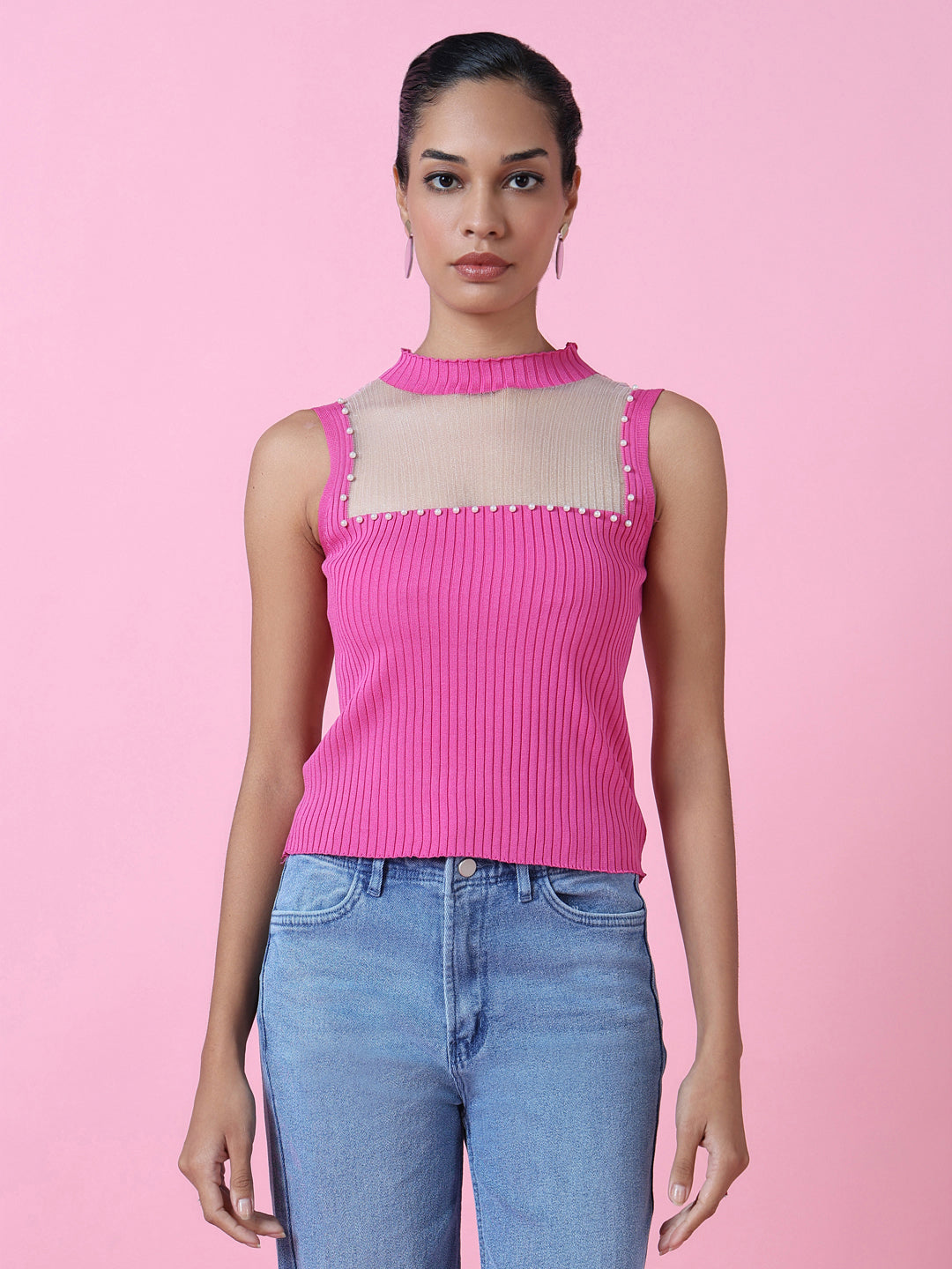 Women Pink Solid Fitted Top