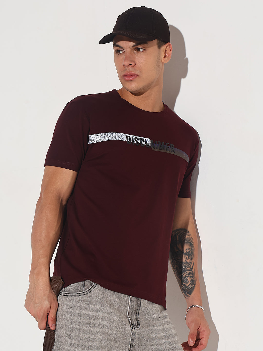 Men's Typography Burgundy Textured Print Round Neck Regular Fit T-Shirt