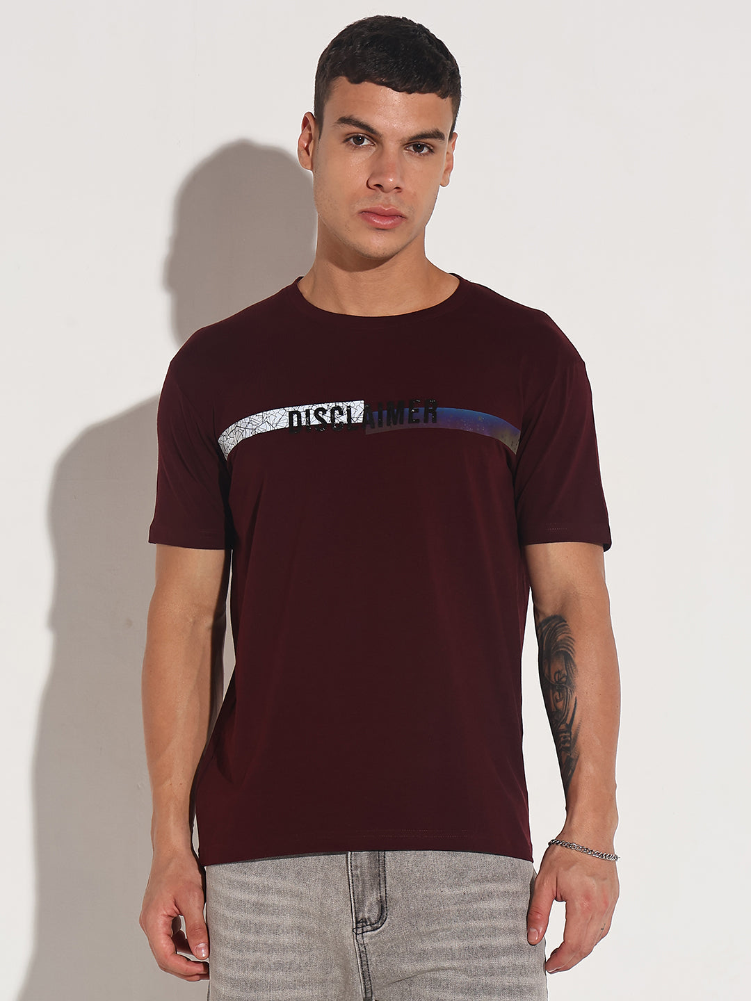 Men's Typography Burgundy Textured Print Round Neck Regular Fit T-Shirt