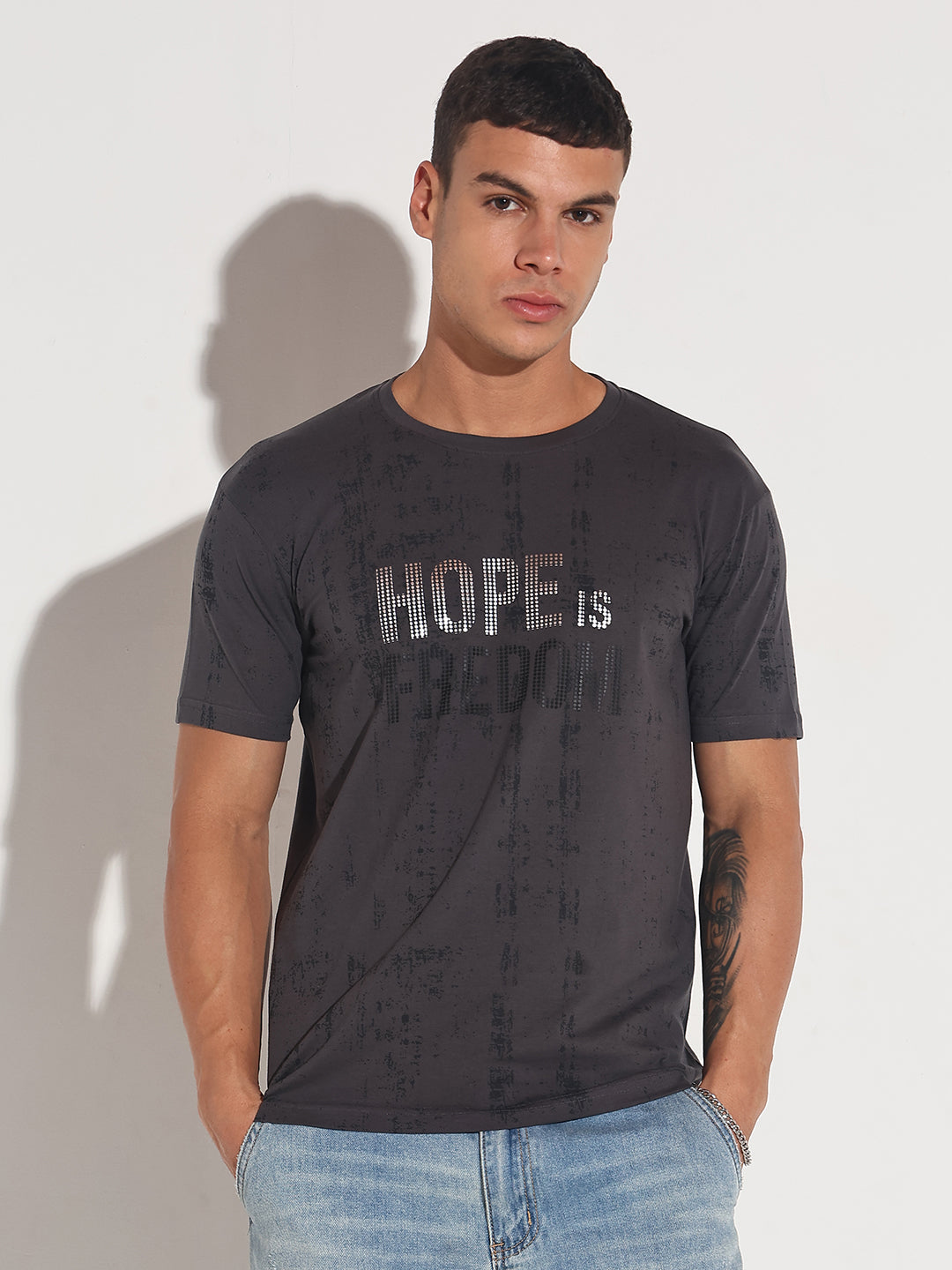 Men's Embellished Typography Grey Printed Round Neck Regular Fit T-Shirt