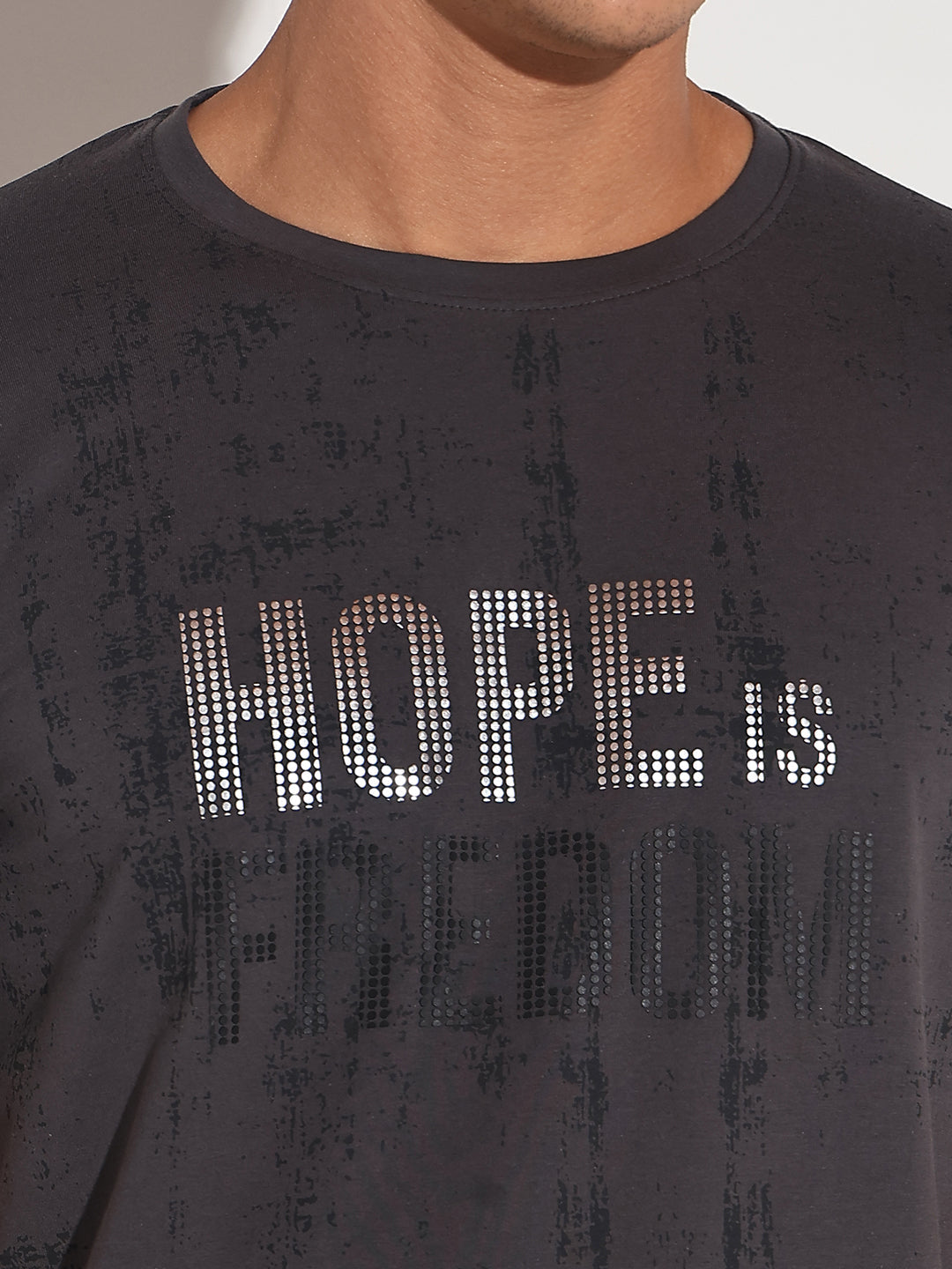 Men's Embellished Typography Grey Printed Round Neck Regular Fit T-Shirt