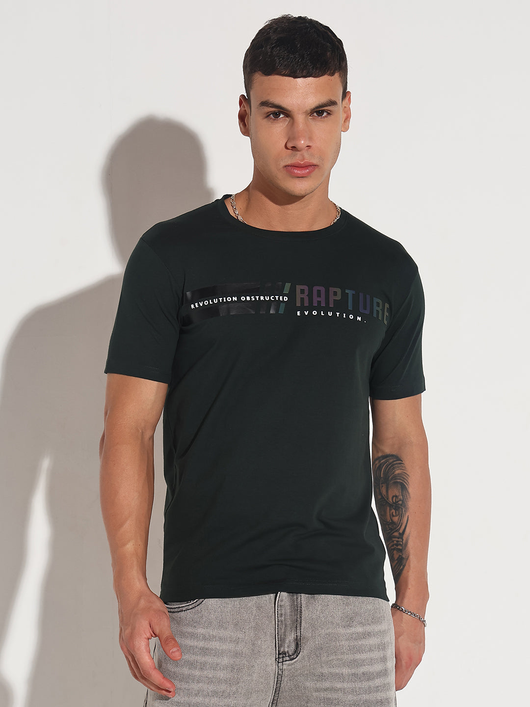 Men's Typography Green Round Neck Regular Fit T-Shirt