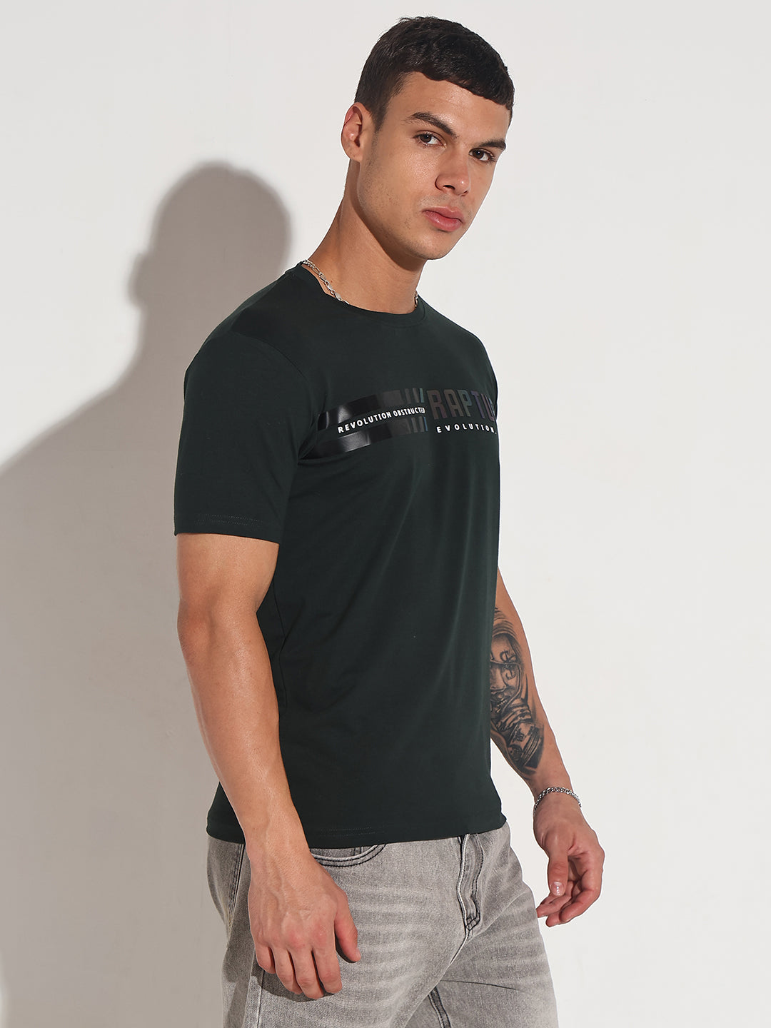 Men's Typography Green Round Neck Regular Fit T-Shirt
