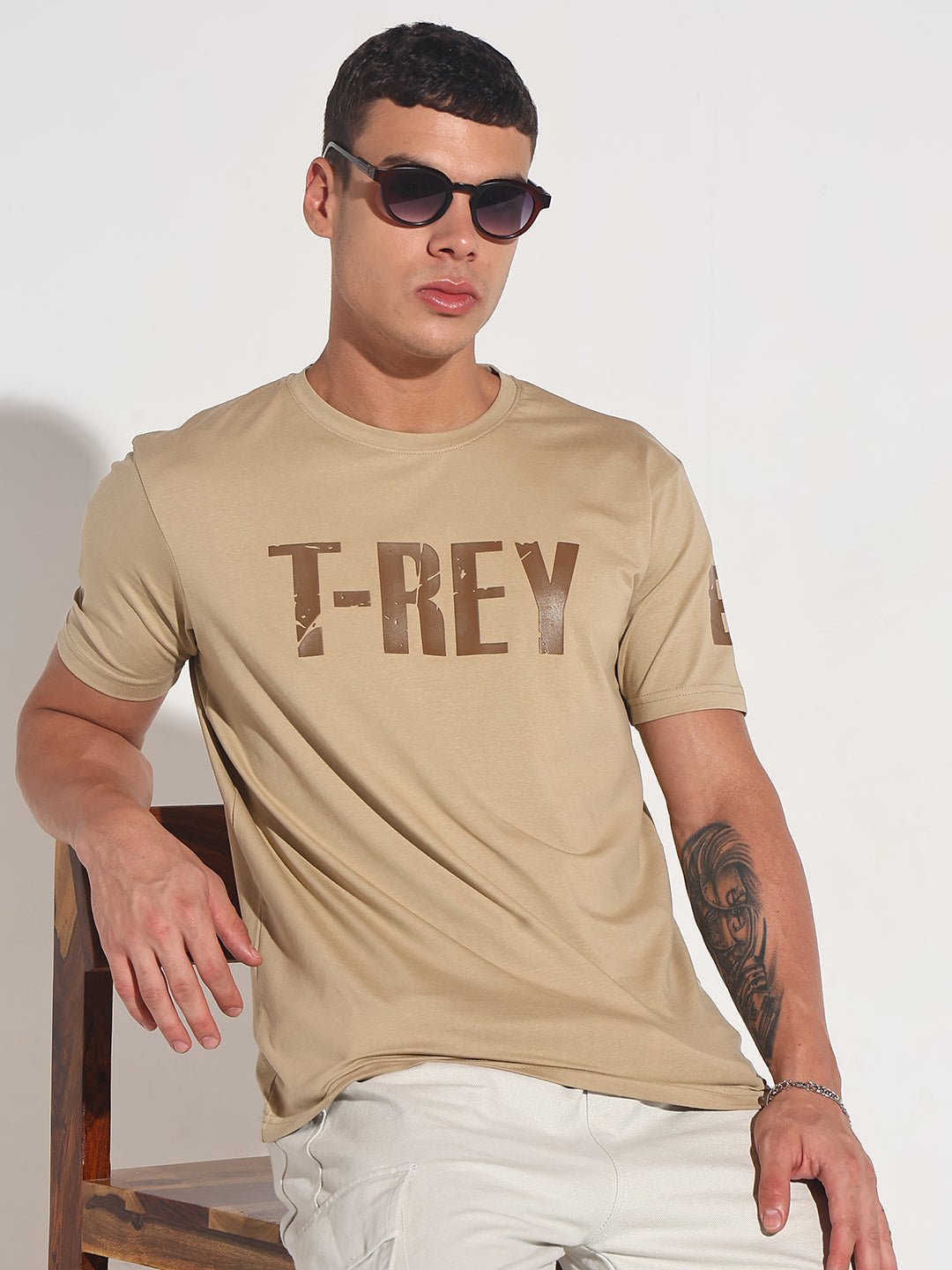 Men's Typography Beige Round Neck Regular Fit T-Shirt