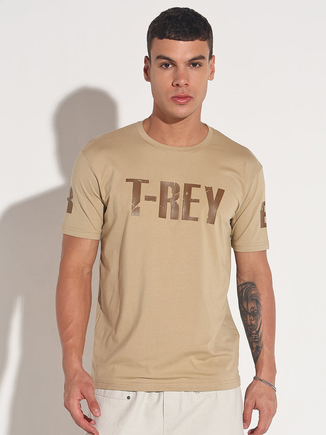 Men's Typography Beige Round Neck Regular Fit T-Shirt