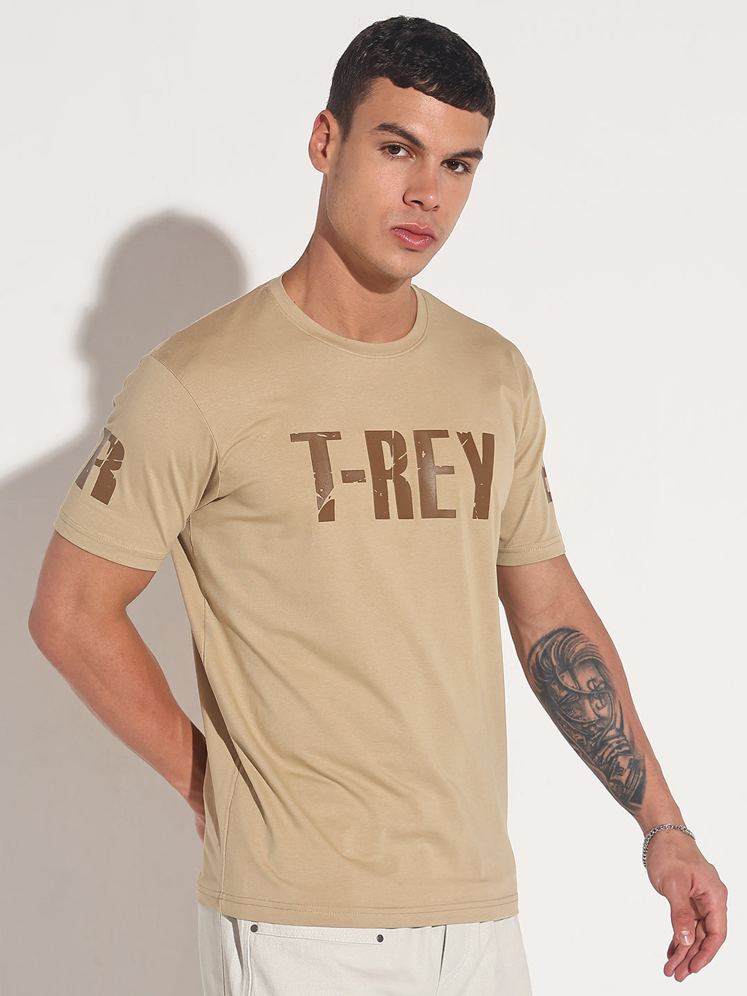 Men's Typography Beige Round Neck Regular Fit T-Shirt