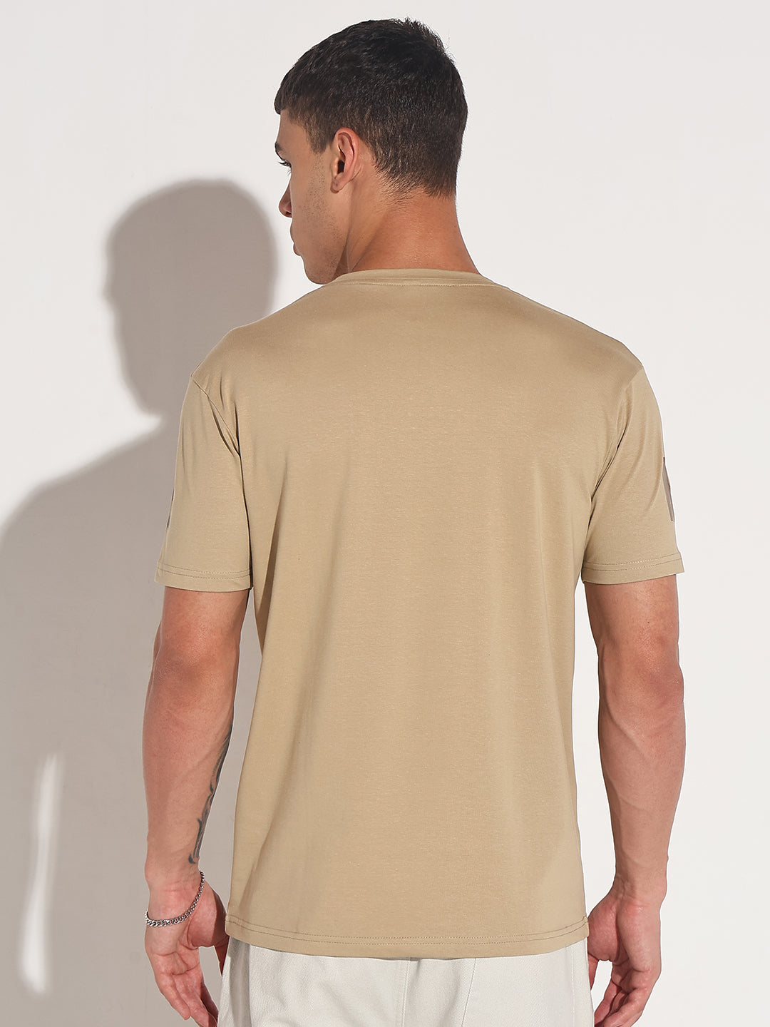 Men's Typography Beige Round Neck Regular Fit T-Shirt
