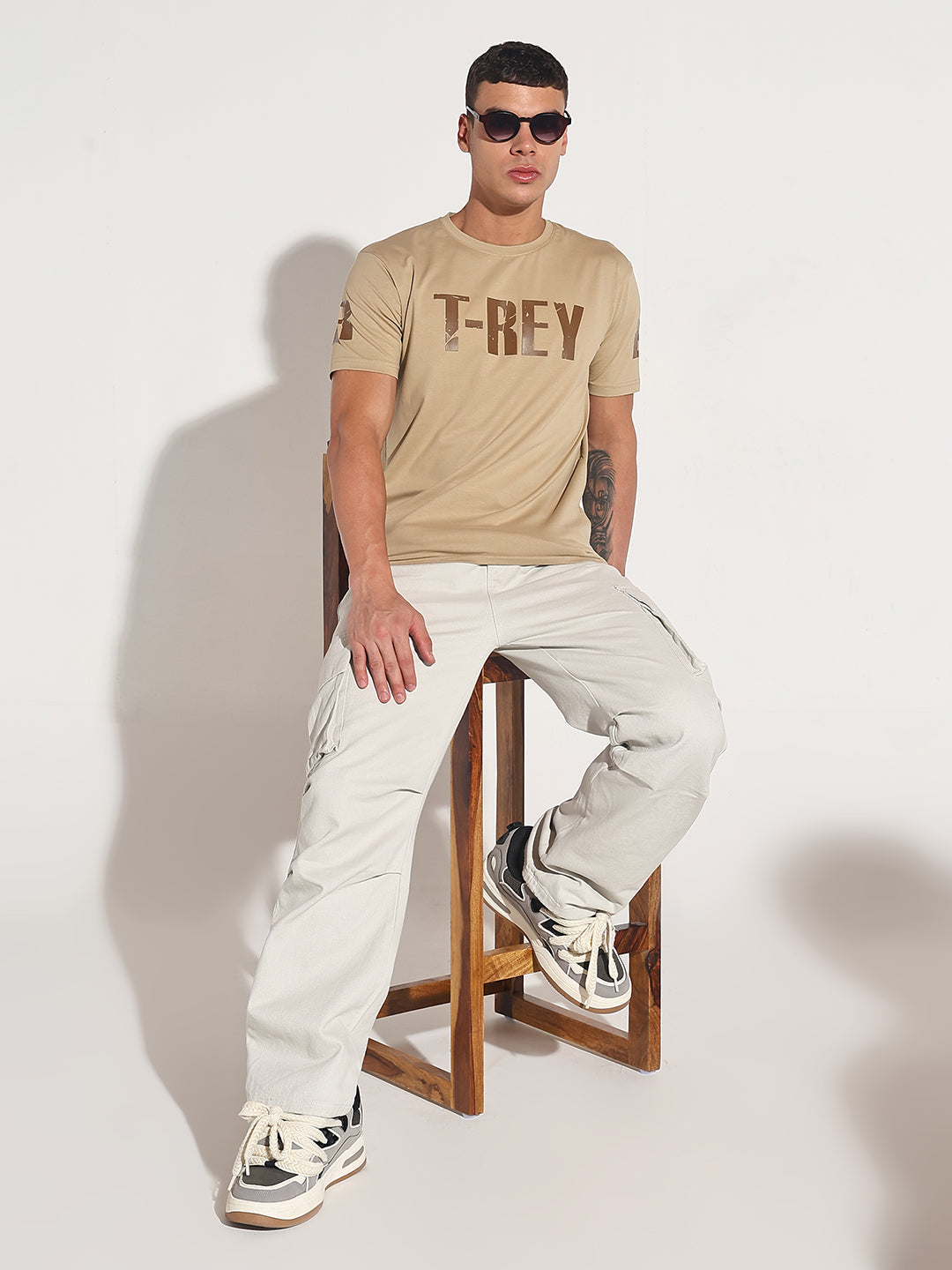 Men's Typography Beige Round Neck Regular Fit T-Shirt