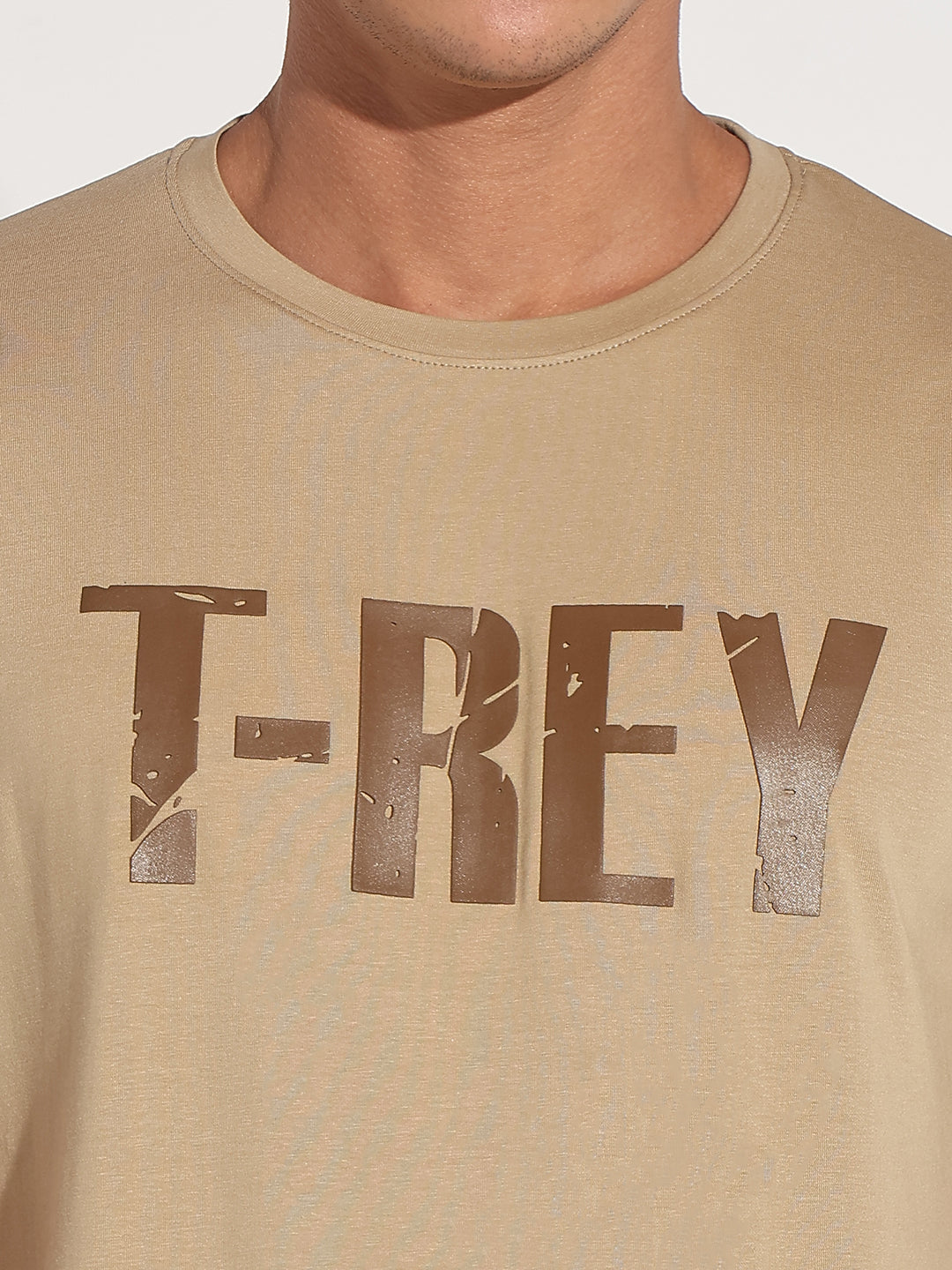 Men's Typography Beige Round Neck Regular Fit T-Shirt
