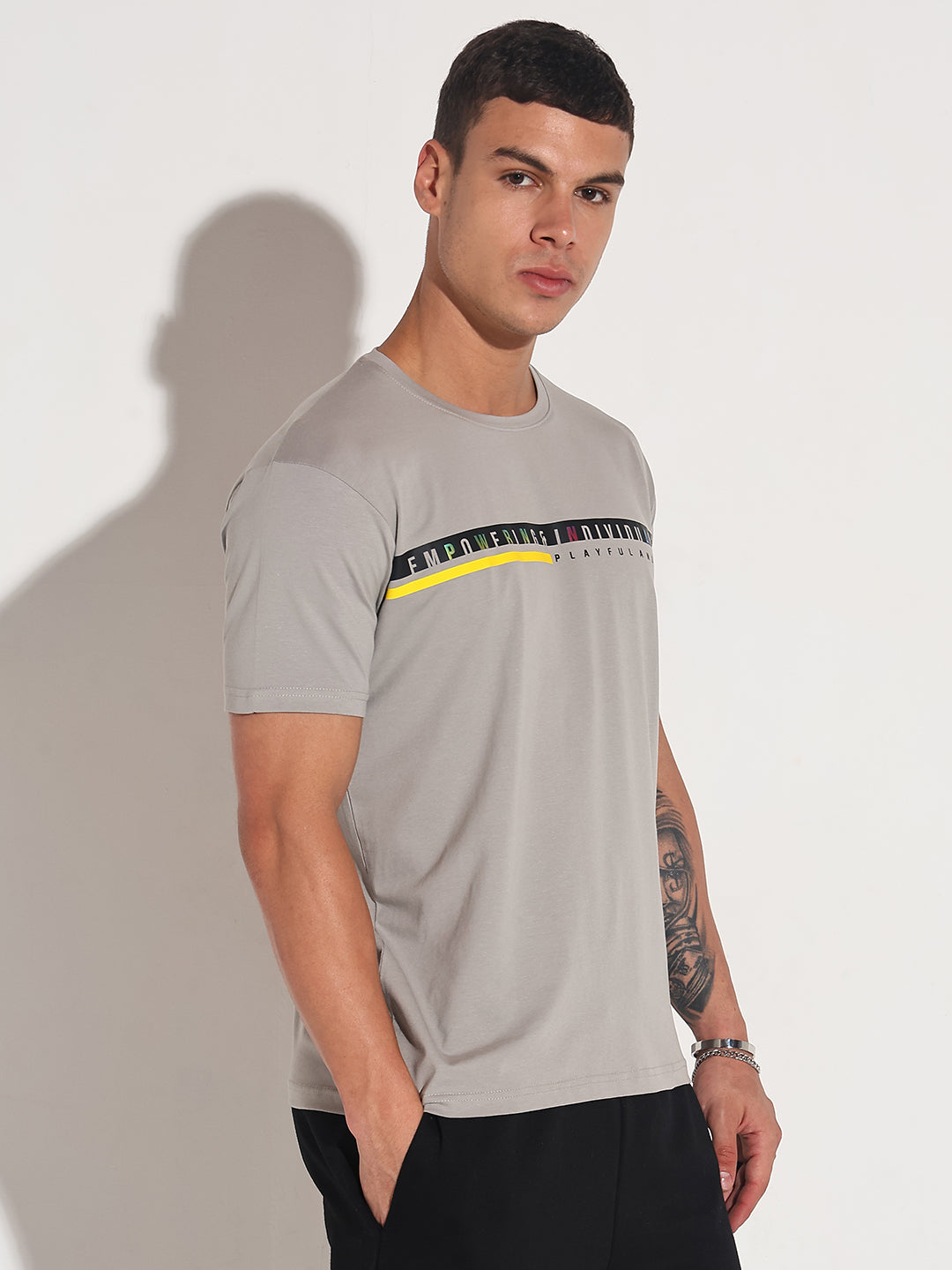 Men's Typography Grey Round Neck Regular Fit T-Shirt