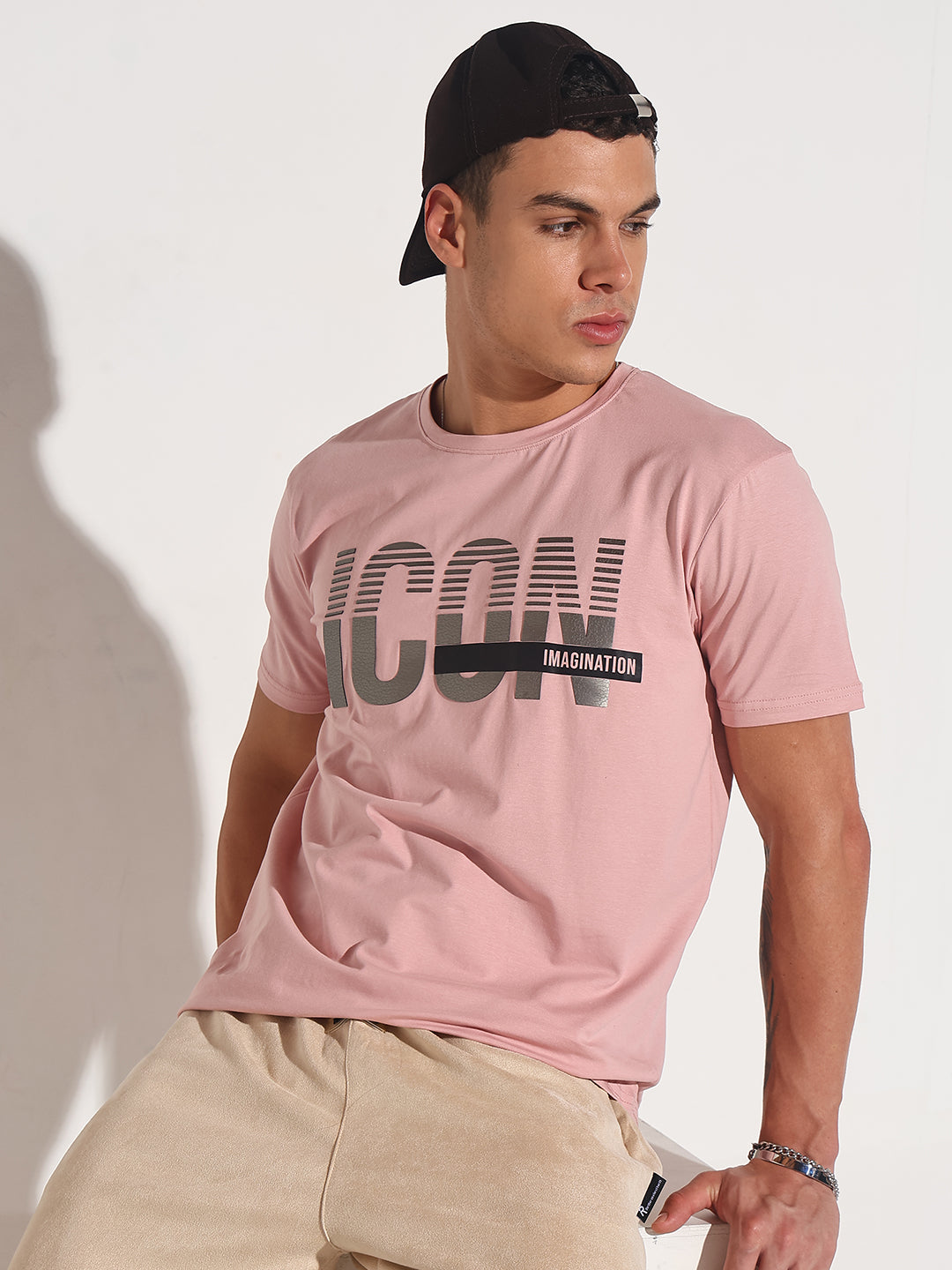 Men's Typography Pink Metallic Print Round Neck Regular Fit T-Shirt