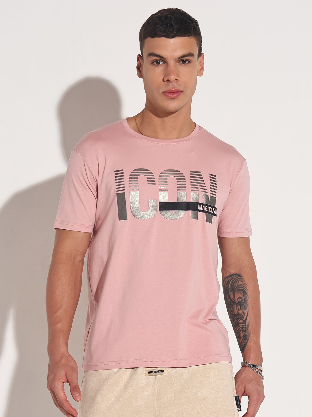 Men's Typography Pink Metallic Print Round Neck Regular Fit T-Shirt
