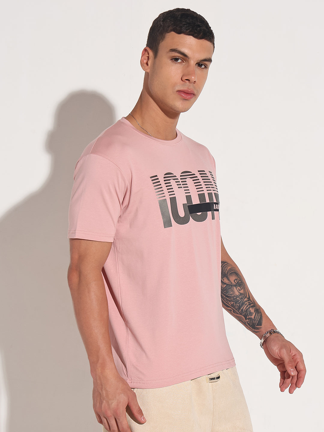 Men's Typography Pink Metallic Print Round Neck Regular Fit T-Shirt