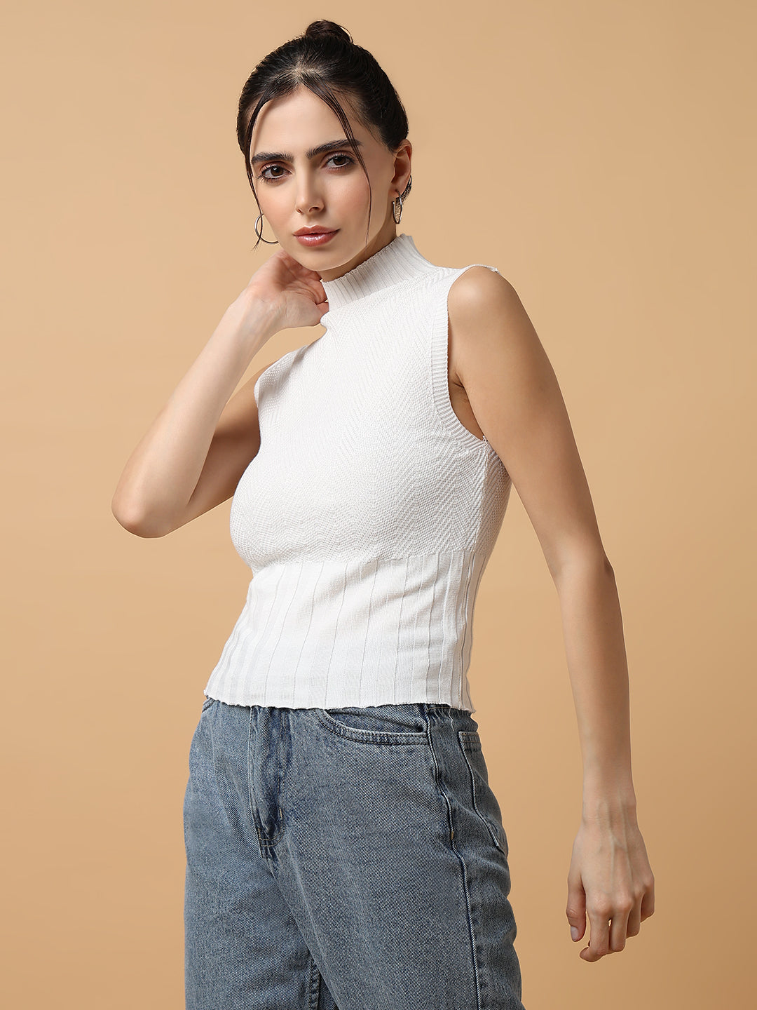 Women's White Striped High Neck Sleeveless Casual Top