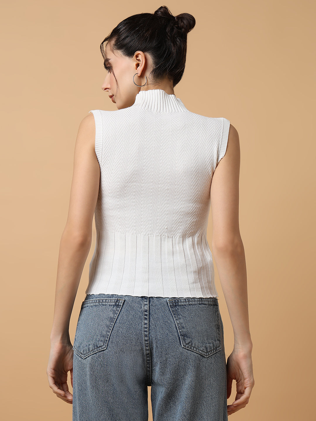 Women's White Striped High Neck Sleeveless Casual Top