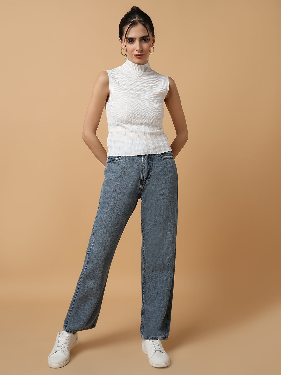 Women's White Striped High Neck Sleeveless Casual Top