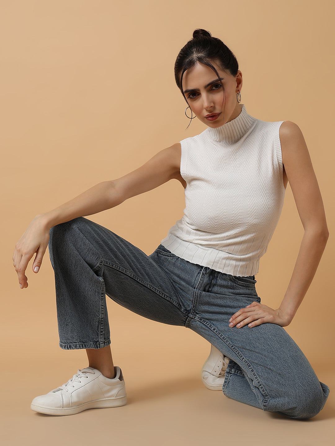 Women's White Striped High Neck Sleeveless Casual Top