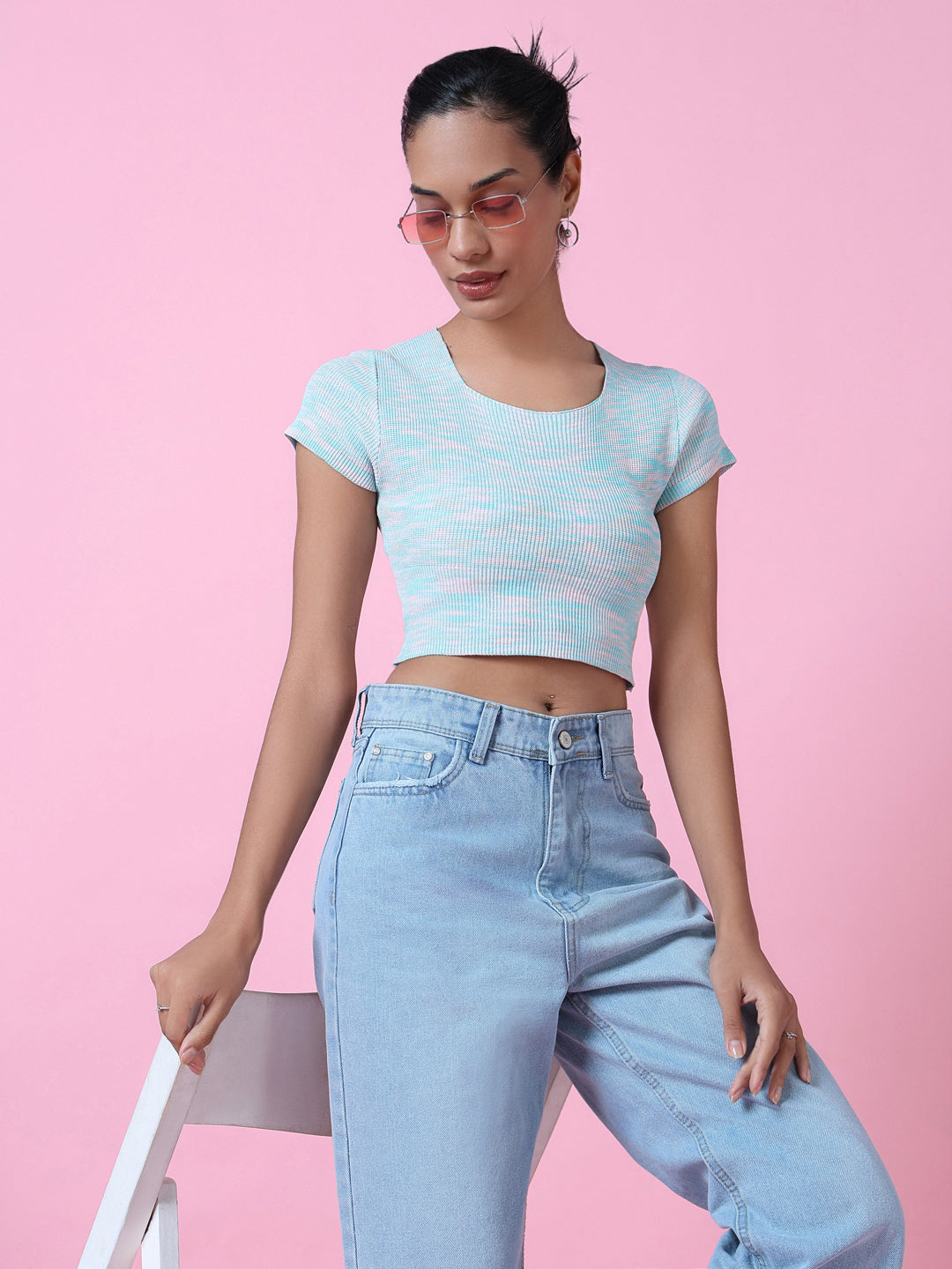 Women Blue Solid Crop Top