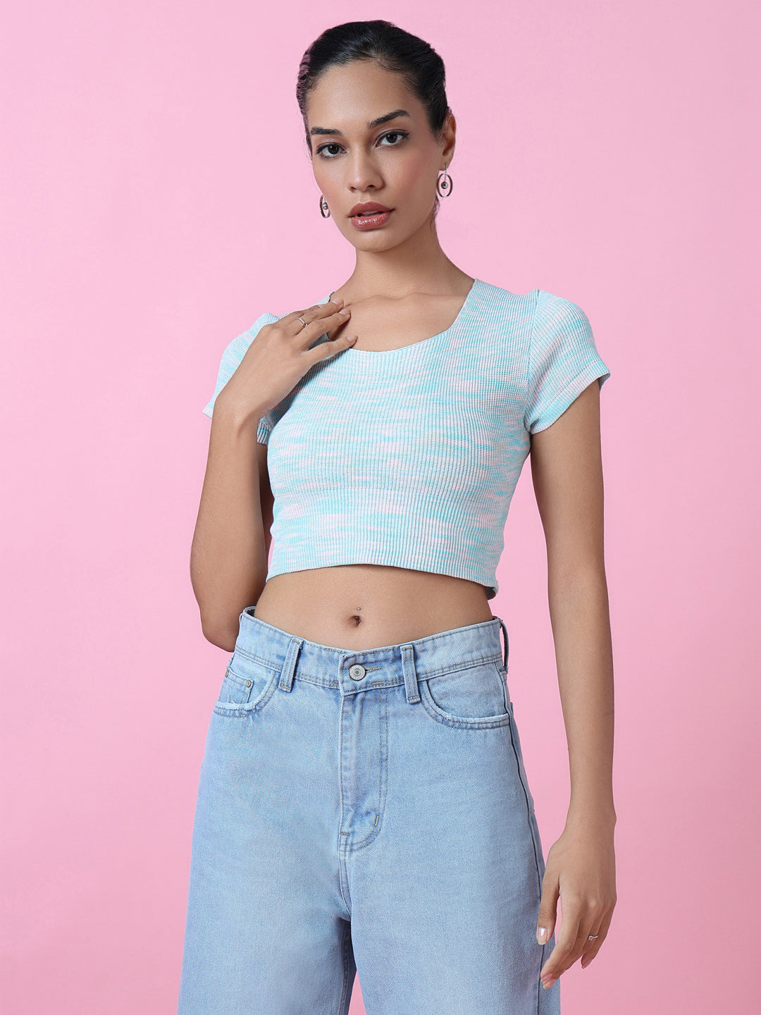 Women Blue Solid Crop Top