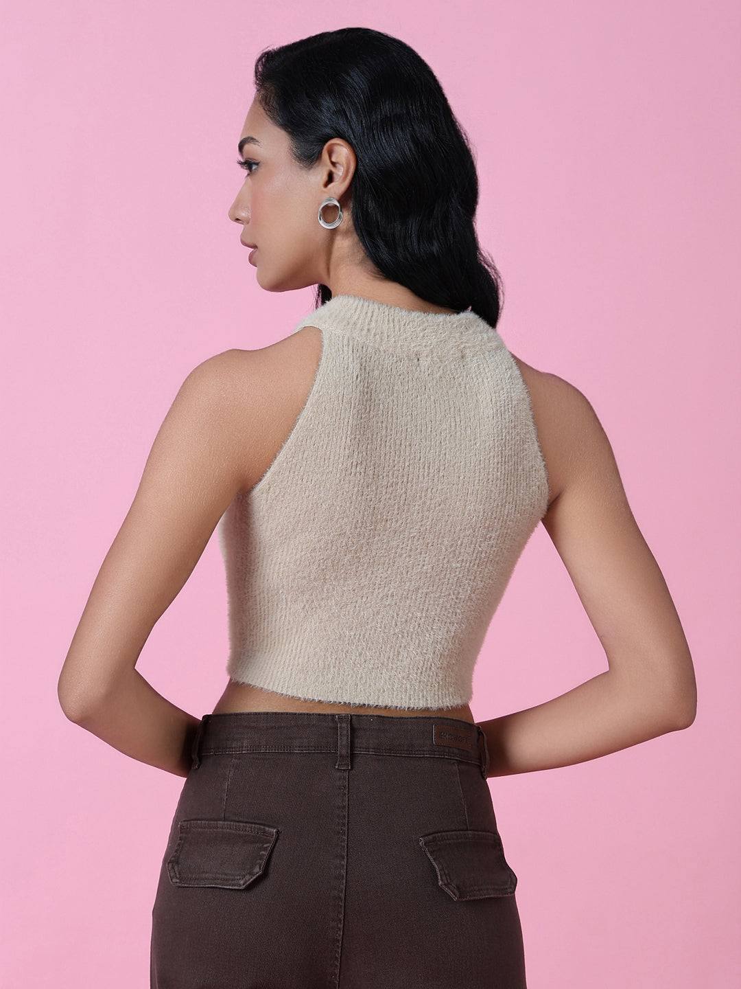 Women Beige Solid Crochet Top