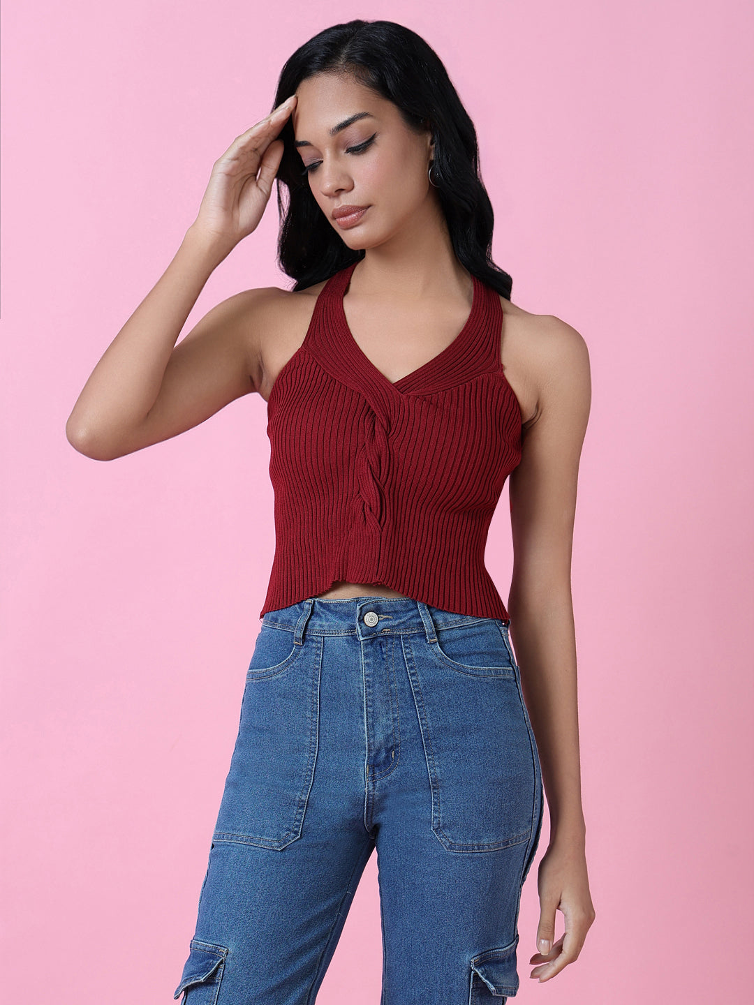 Women Red Solid Crochet Top