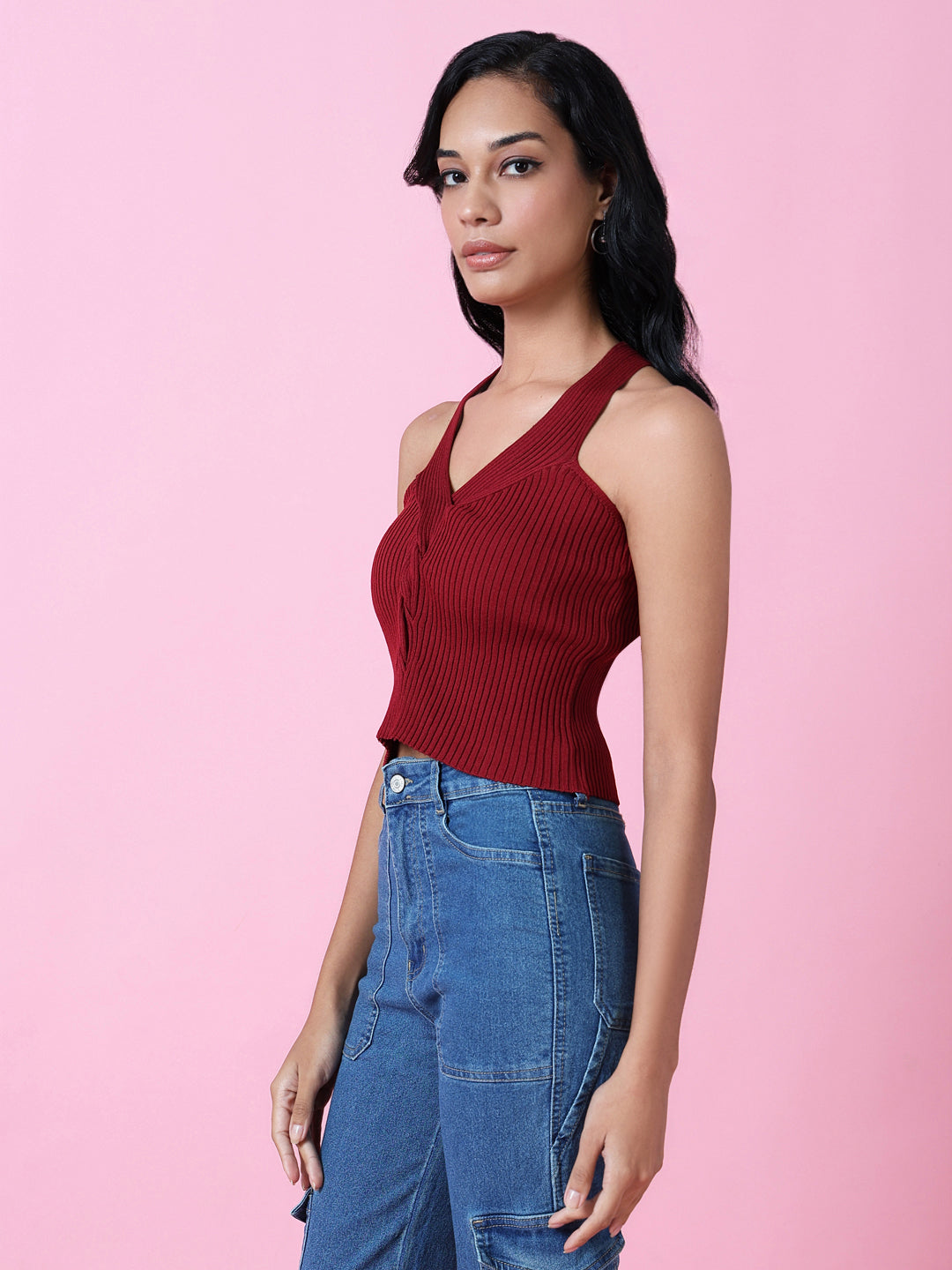 Women Red Solid Crochet Top