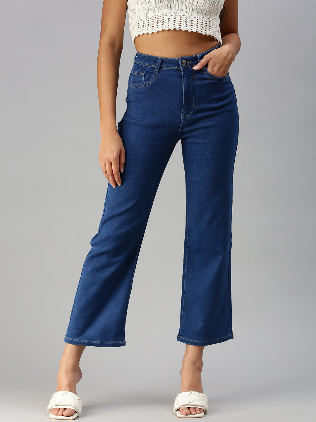 Women Solid Blue Wide Leg Jeans