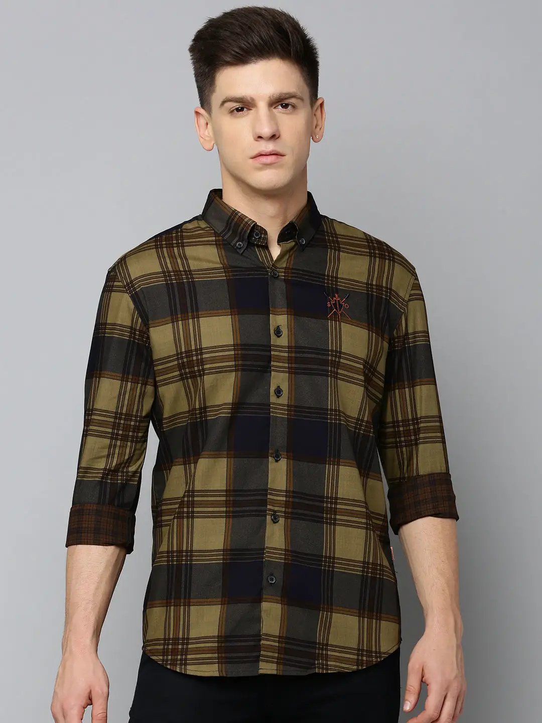 Men's Spread Collar Checked Navy Blue Shirt