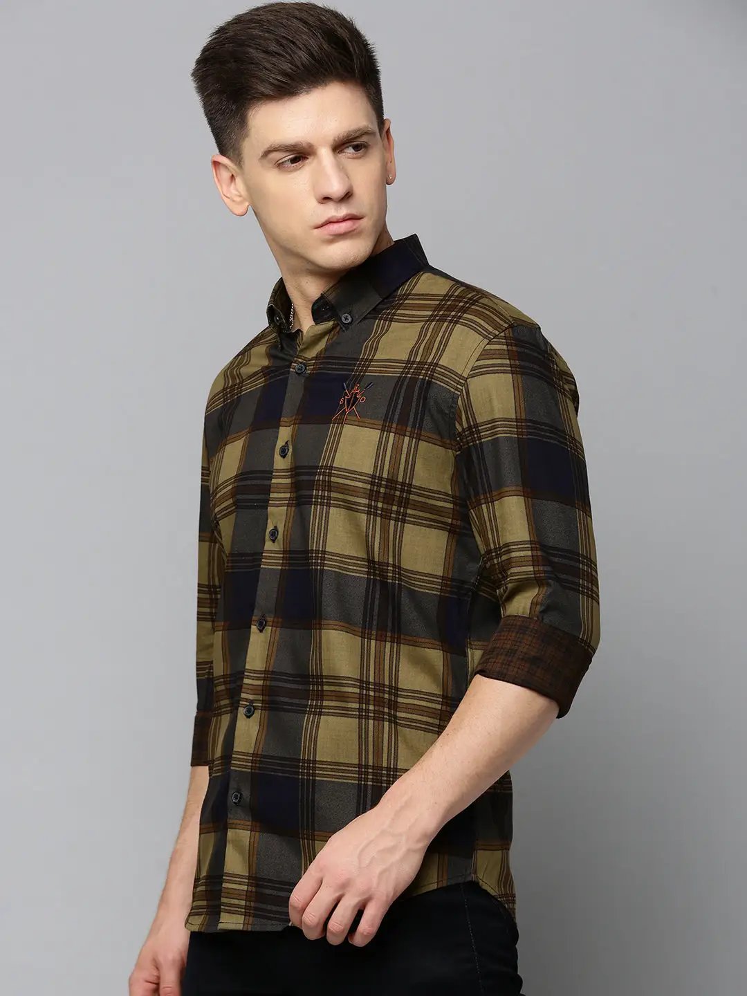 Men's Spread Collar Checked Navy Blue Shirt
