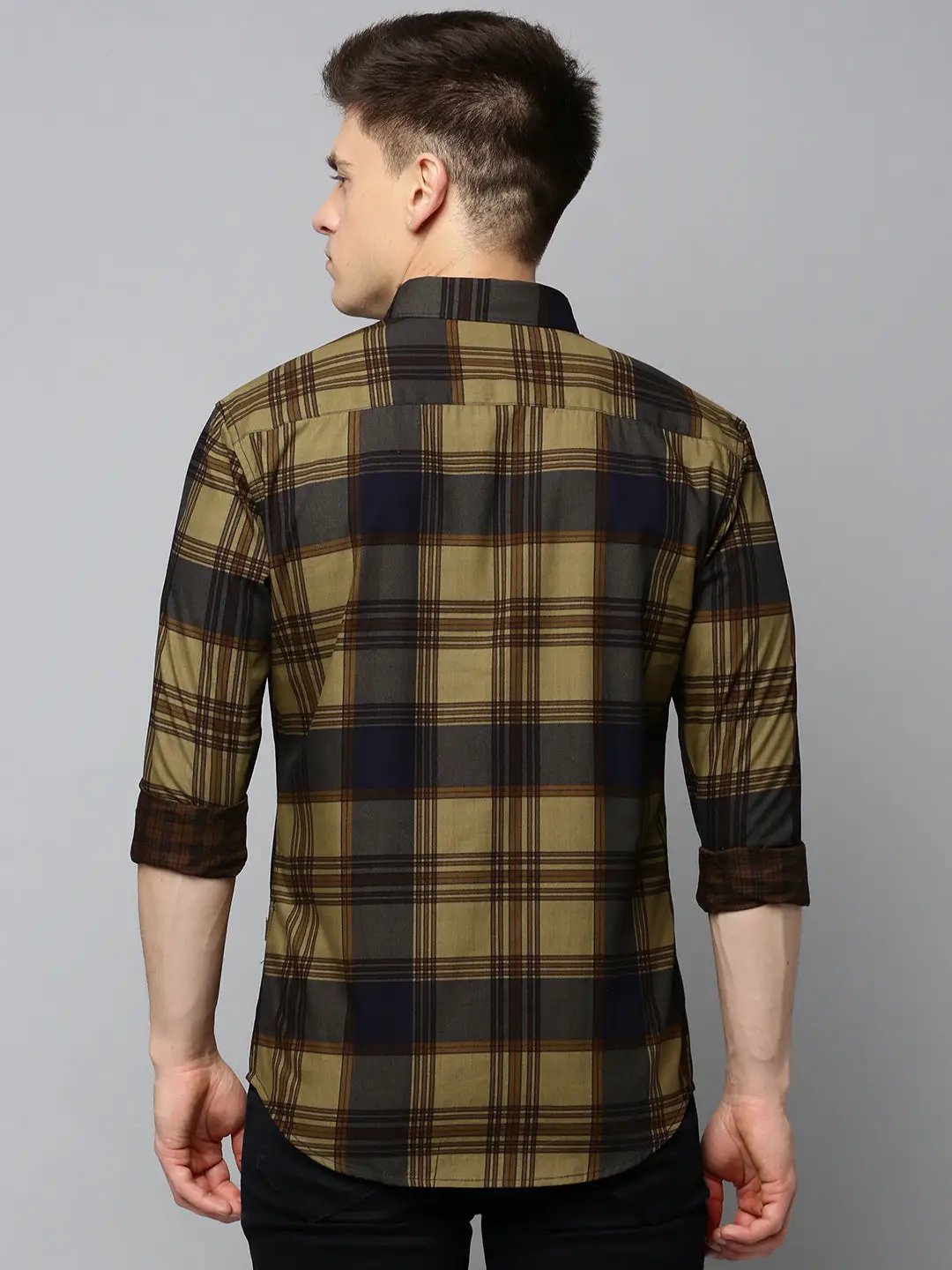 Men's Spread Collar Checked Navy Blue Shirt