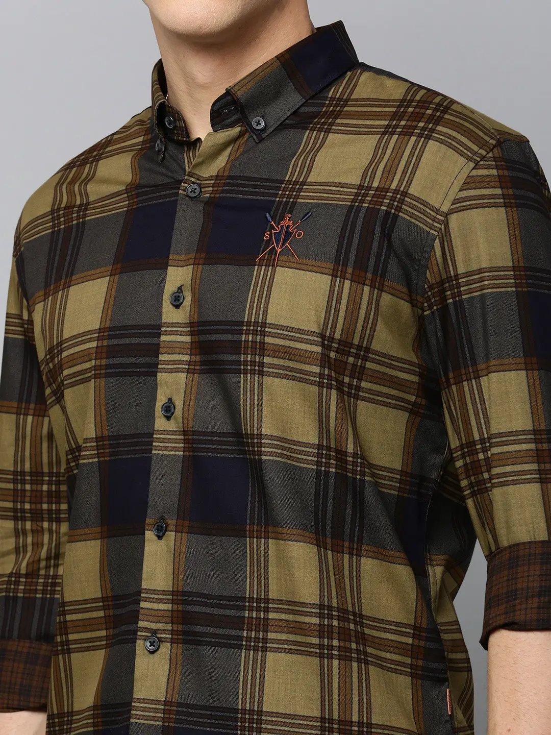 Men's Spread Collar Checked Navy Blue Shirt