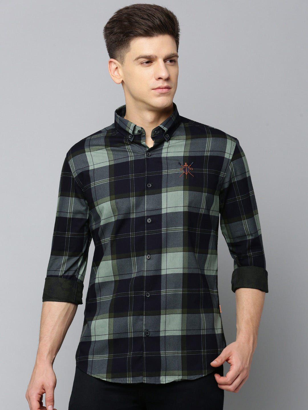 Men Spread Collar Checked Navy Blue Shirt