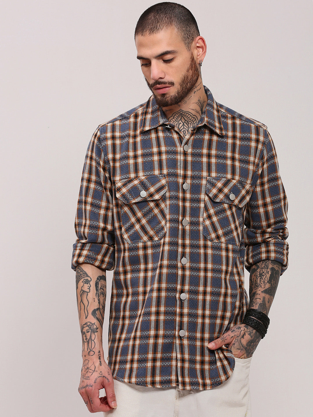 Men Grey Checked Shacket